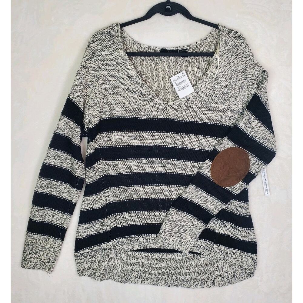NWT Nordstrom RDI V Neck Black White Sweater Size XL Elbow Patch Cotton Blend